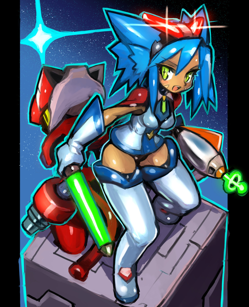 1girl absurdres arm_cannon back-to-back black_border blue_hair boots border breasts dakusuta facial_mark full_body gloves green_eyes hair_between_eyes hairband highres leaning_forward medium_breasts original outside_border robot spiked_hair standing star starry_background thigh_boots thighhighs weapon white_footwear white_gloves