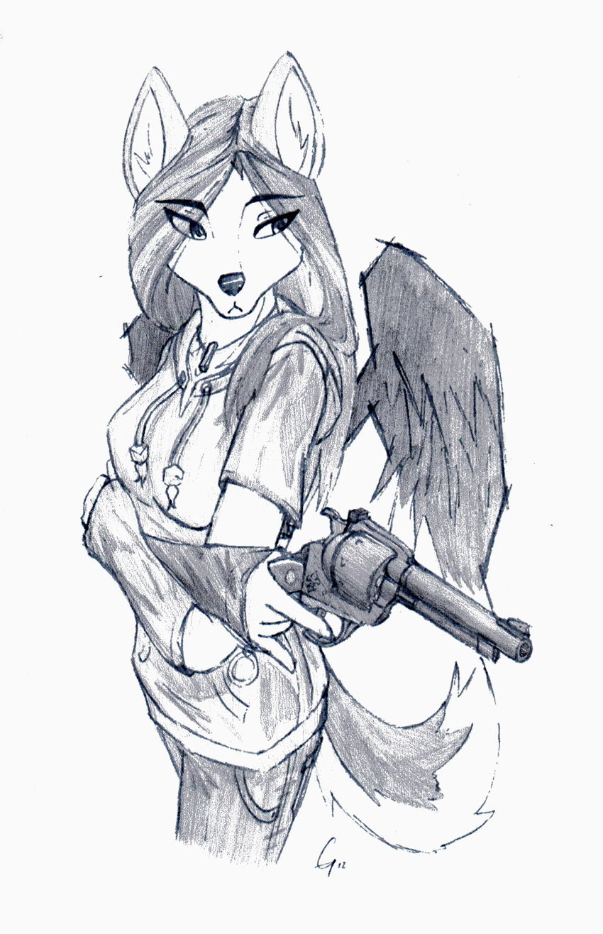 canine clothing female fleur-de-lis fleur_de_lis greyscale gun hair jewelry makosushi mammal marli_(character) monochrome necklace plain_background ranged_weapon revolver solo weapon white_background wings wolf