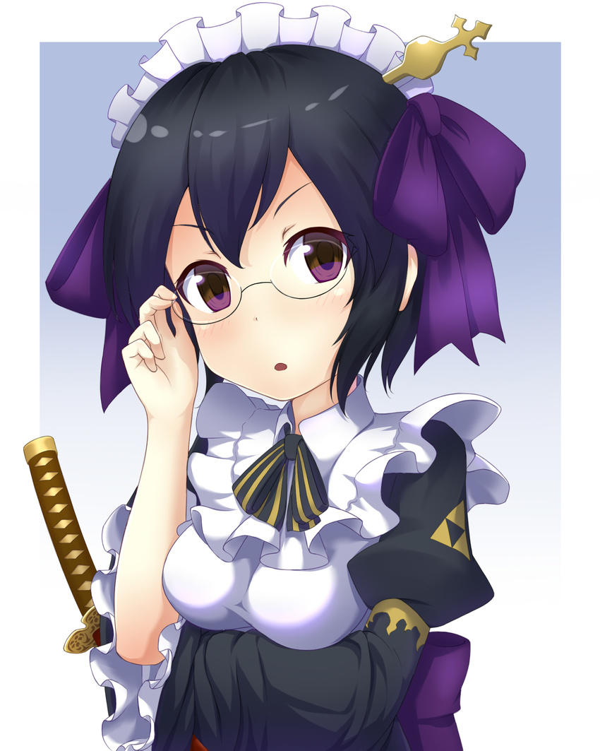 :o black_hair blush breasts glasses gradient gradient_background highres holding houjou_souun_(sengoku_collection) katana looking_at_viewer maid maid_headdress medium_breasts mount_whip sengoku_collection short_hair solo sword triforce weapon