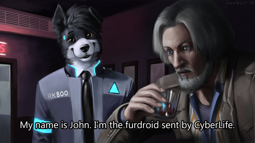 2018 alcohol android anthro beard beverage biped black_fur black_nose blue_eyes border_collie brown_eyes canine clothed clothing collie connor_(detroit) detroit:_become_human dialogue dog drinking duo english_text facial_hair fully_clothed fur geewolf hank_(detroit) hi_res human lite_(character) machine male mammal robot smile standing surprise text white_fur