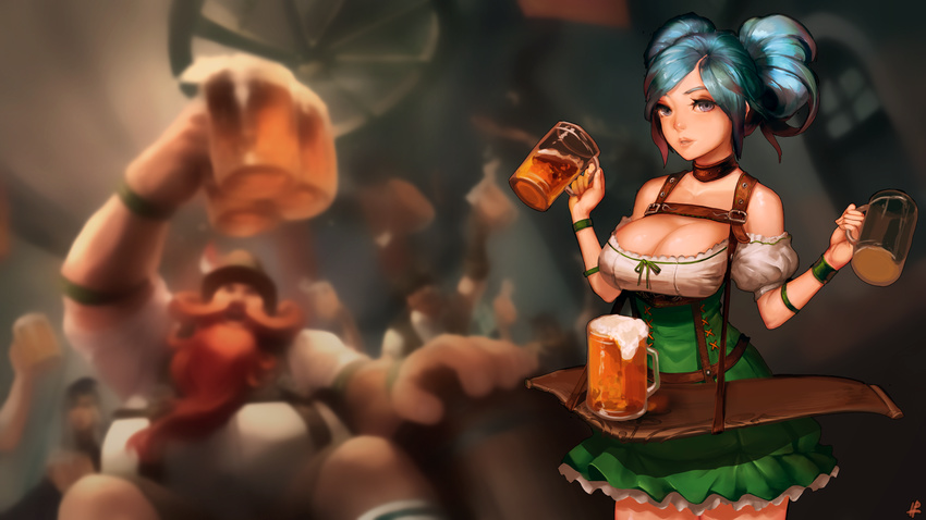 alcohol beer blue_eyes blue_hair blurry breasts cleavage collar cup depth_of_field dirndl german_clothes gragas highres instant_ip large_breasts league_of_legends mug oktoberfest short_hair sona_buvelle underbust wallpaper