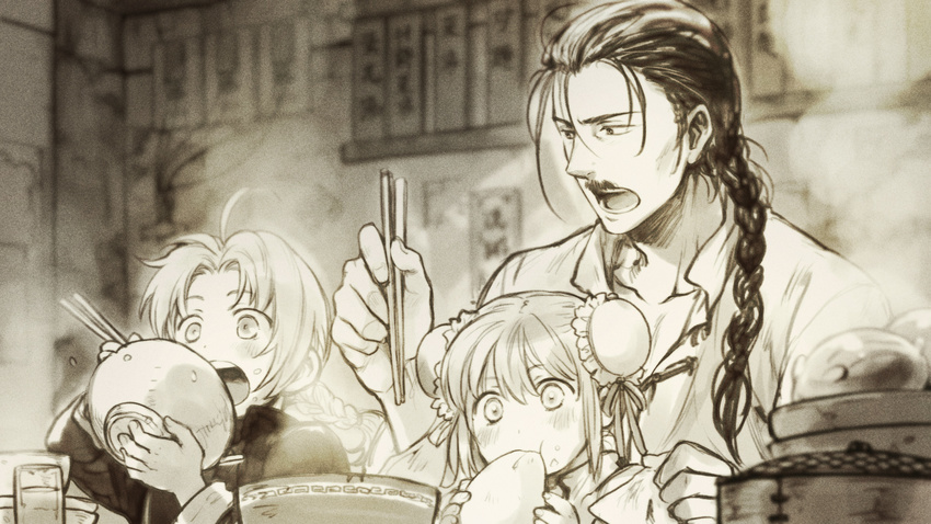 2boys bad_id bad_pixiv_id braid bun_cover child chopsticks double_bun eating facial_hair family gintama highres kagura_(gintama) kamui_(gintama) monochrome multiple_boys mustache single_braid tkr_(lovedelic99) umibouzu_(gintama) younger