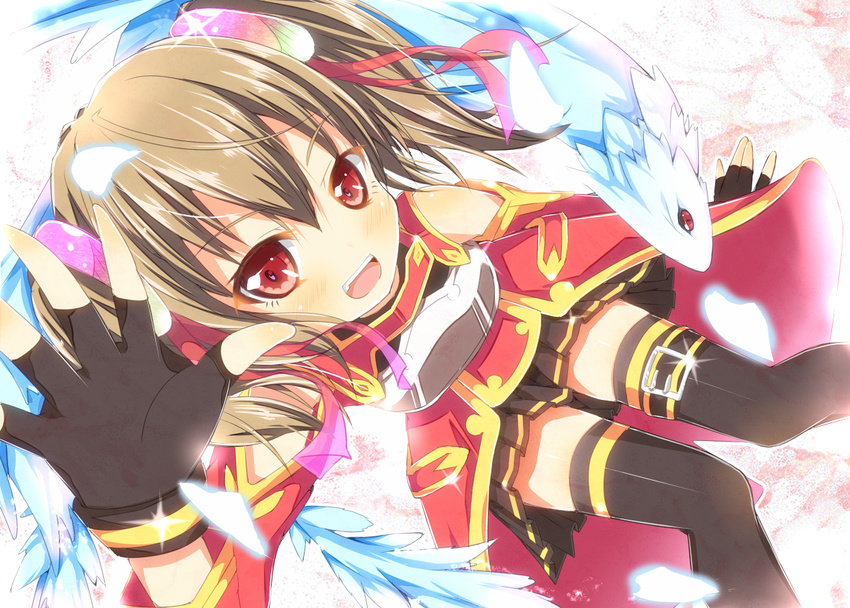 :d black_gloves black_legwear breastplate brown_hair dragon fingerless_gloves from_above gloves hair_ornament looking_at_viewer looking_up open_mouth petals pina_(sao) pleated_skirt red_eyes silica skirt smile sword_art_online thighhighs twintails waving yuimari zettai_ryouiki