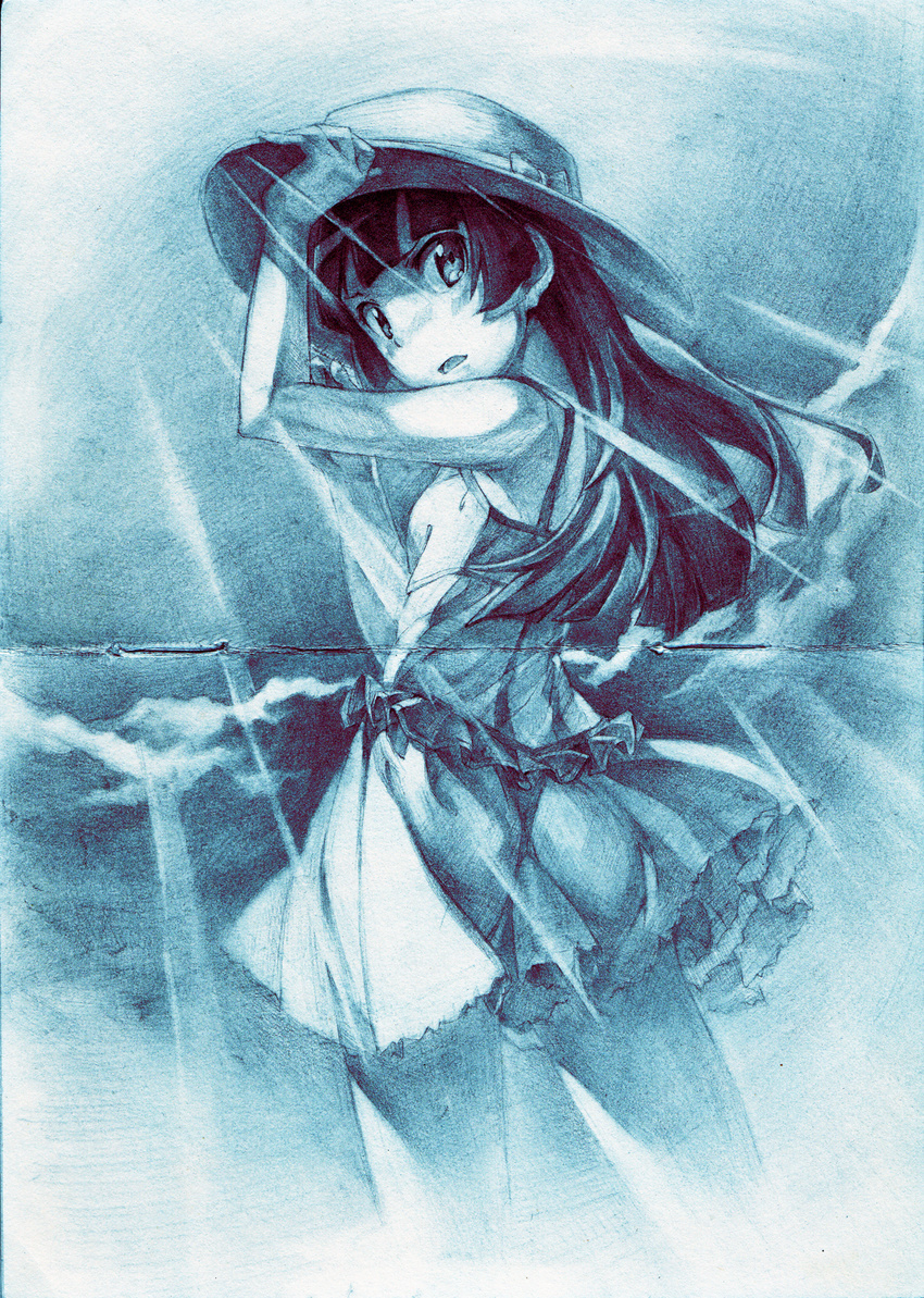 dress gokou_ruri hat highres long_hair master.p monochrome open_mouth ore_no_imouto_ga_konna_ni_kawaii_wake_ga_nai sleeveless sleeveless_dress solo sun_hat traditional_media