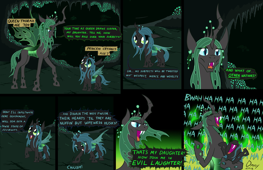blue_eyes changeling comic cute dialog dialogue english_text equine eyes_closed fangs female feral friendship_is_magic green_eyes green_hair hair horn laugh mammal my_little_pony omny87 queen_chrysalis_(mlp) text wings