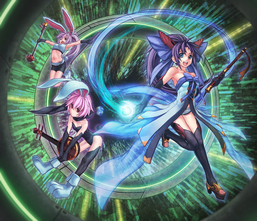 animal_ears aqua_eyes bad_id bad_pixiv_id bare_shoulders boots bunny bunny_ears bunnysuit chang'e chinese_clothes elbow_gloves erhu gloves hagoromo hair_ribbon highres instrument instrument_request leg_up long_hair lute_(instrument) magic moon_rabbit multiple_girls navel one_eye_closed original personification ponytail purple_hair red_eyes ribbon rotix shawl short_hair teeth