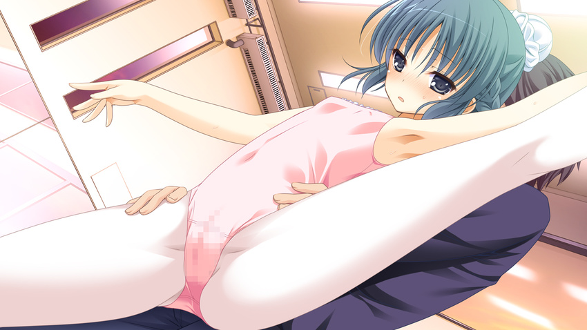 1girl :o alternate_hairstyle aqua_hair arm_up armpits ballerina ballet bangs blue_eyes blush braid breasts bun_cover cameltoe ceiling censored covered_navel covered_nipples crotch dutch_angle embarrassed flexible game_cg grey_hair hair_bun imo-bilizer! indoors kneepits leg_lift leotard lights long_sleeves looking_at_viewer mosaic_censoring nanase_izumi open_mouth outstretched_arm pantyhose pink_leotard short_hair side_braid small_breasts solo_focus split spread_legs standing standing_on_one_leg standing_split sweat torso_grab umetori_uriri white_legwear
