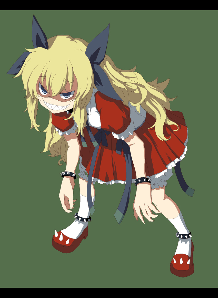 1girl absurdres alice_soft blonde_hair bracelet dress evil_grin evil_smile grin hair_accessory hair_ornament highres jewelry kibako kotonohanoko kotonoko rance_(series) rance_quest red_dress smile spiked_bracelet spikes