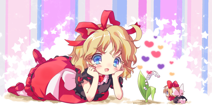 ahoge amo blonde_hair blue_eyes blush bow chin_rest doll dress flower hair_bow hair_ribbon heart lily_of_the_valley lying medicine_melancholy on_stomach open_mouth ribbon short_hair smile solo star star-shaped_pupils su-san symbol-shaped_pupils touhou wings