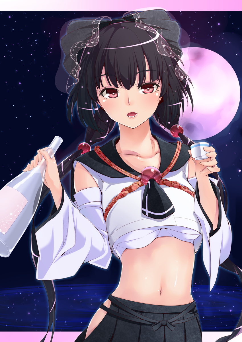 absurdres amasora_taichi bad_id bad_tinami_id black_hair blush bottle collarbone detached_sleeves highres holding light_particles long_hair looking_at_viewer midriff moon navel no_panties open_mouth original pink_moon red_eyes school_uniform serafuku sky solo star_(sky) starry_sky twintails