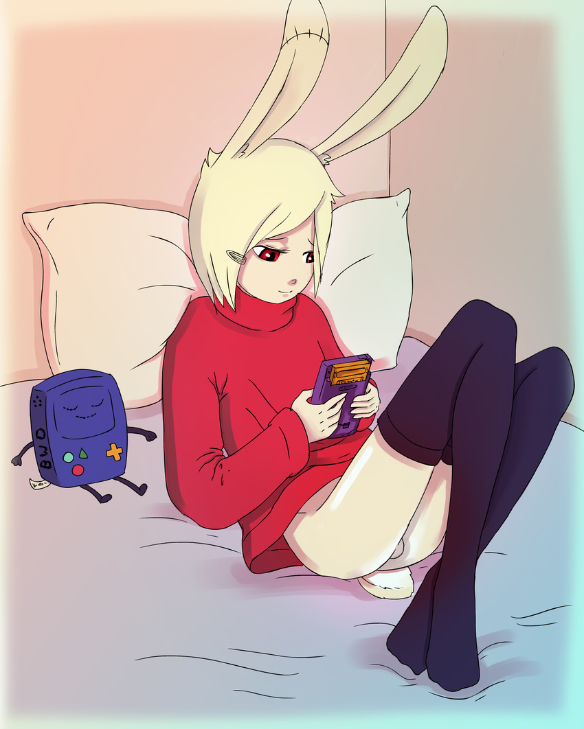 balls bed beemo blonde_hair bmo drayl gameboy hair hairclip lagomorph legwear male mammal penis pillow plushie rabbit stockings sweater yoshino_iko