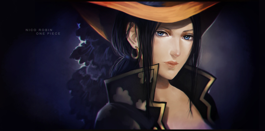 black_hair blue_eyes character_name copyright_name earrings felice hat jewelry lips long_hair nico_robin one_piece one_piece_film_z realistic solo