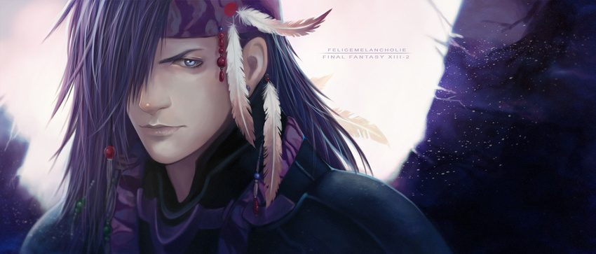 blue_eyes caius_ballad copyright_name feathers felice final_fantasy final_fantasy_xiii final_fantasy_xiii-2 headband long_hair male_focus purple_hair realistic solo