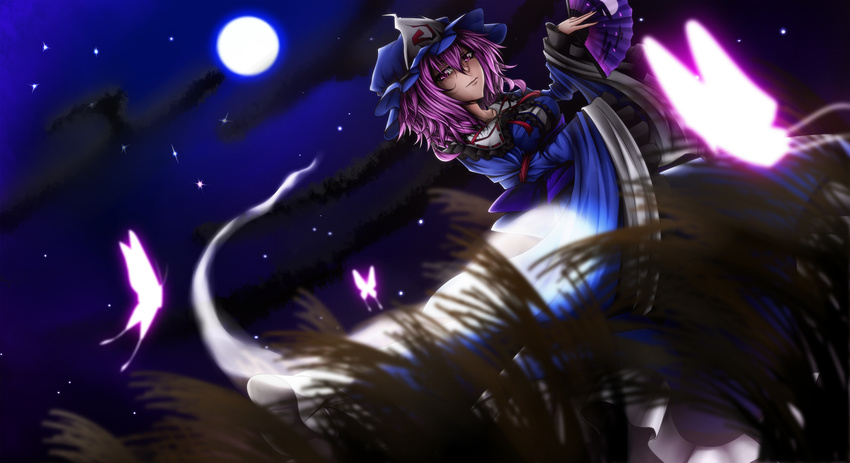 bug butterfly cloud ebiokaki fan full_moon ghost grass hat highres hitodama insect japanese_clothes moon night night_sky pink_eyes pink_hair saigyouji_yuyuko short_hair sky smile solo star touhou