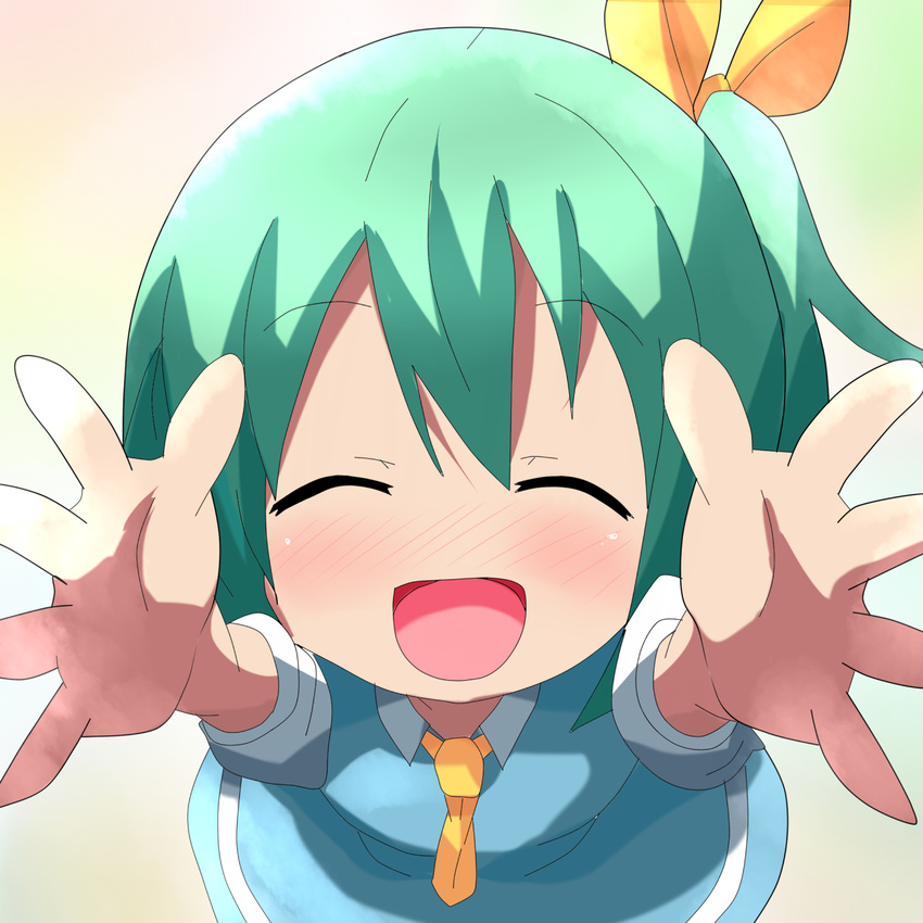 :d blush carry_me closed_eyes daiyousei green_hair hair_ribbon hands highres incoming_hug kuromu_(underporno) looking_at_viewer open_mouth ribbon short_hair side_ponytail smile solo touhou