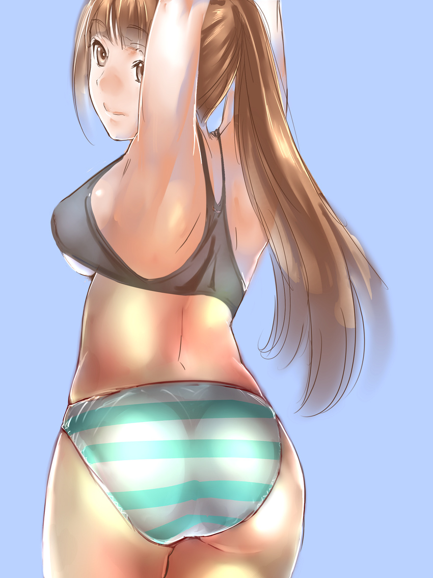 absurdres armpits arms_up ass bad_id bad_pixiv_id black_bra blue_background bra breasts brown_eyes brown_hair dodai_shouji highres large_breasts light_smile long_hair looking_at_viewer looking_back original panties ponytail simple_background solo striped striped_panties underboob underwear underwear_only