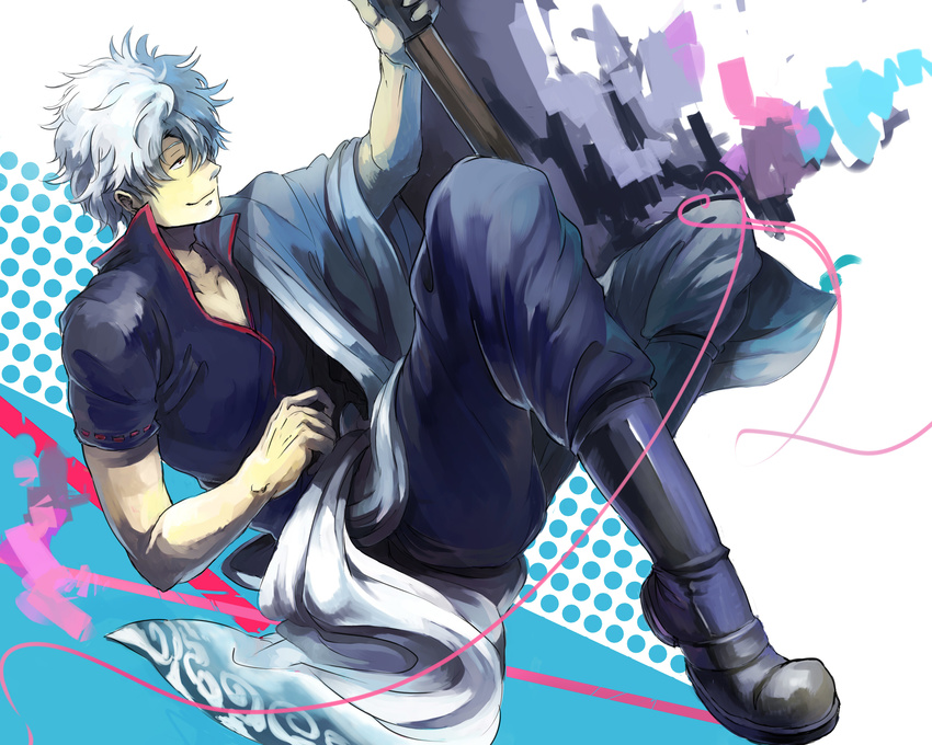 bad_id bad_pixiv_id bokken gintama highres japanese_clothes male_focus nolife red_eyes sakata_gintoki silver_hair solo sword weapon wooden_sword