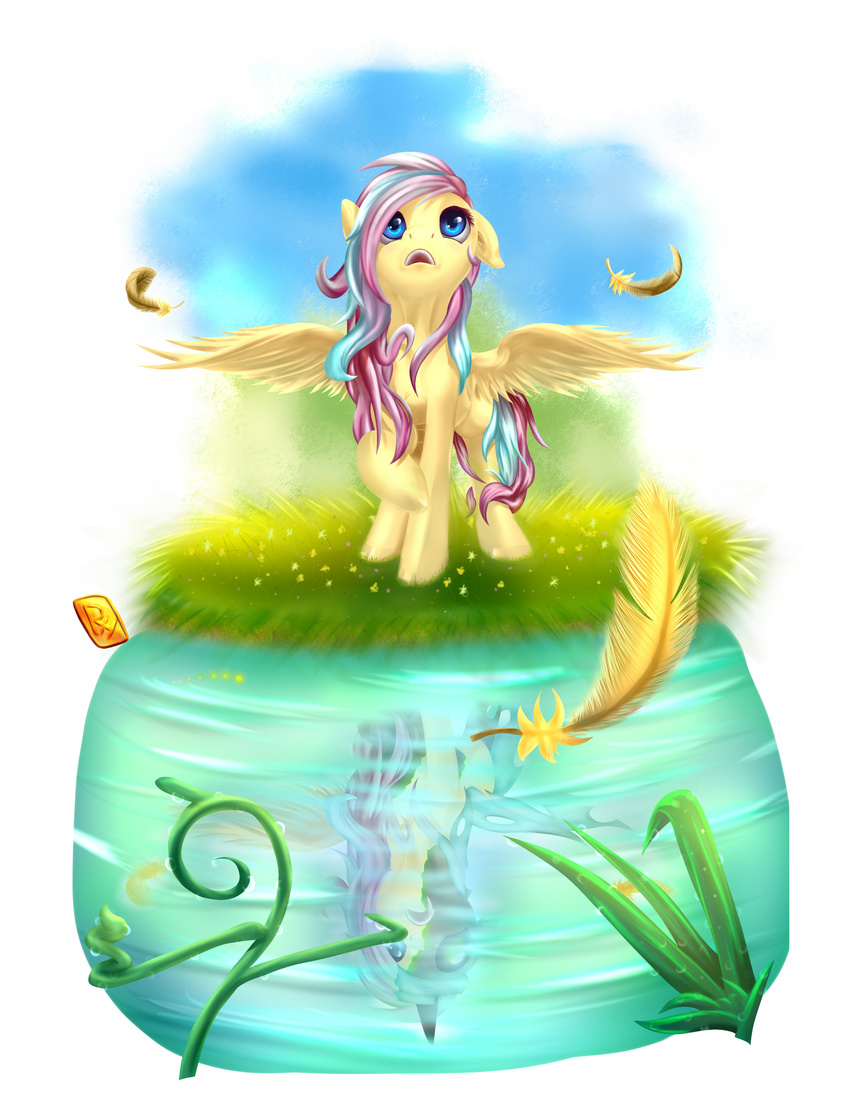 blue_eyes changeling cutie_mark equine feathers female hair horn horse long_hair looking_at_viewer mammal multi-colored_hair my_little_pony nova original_character outside pegasus pony purple_hair rayhiros reflection solo water wings