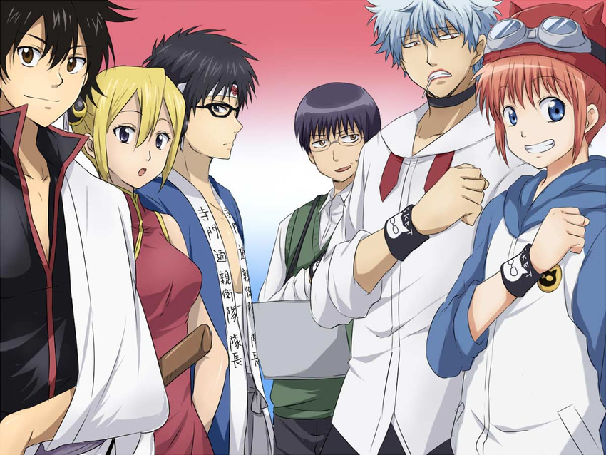 4boys black_hair blonde_hair brown_eyes bun_cover cosplay costume_switch crossover double_bun fujisaki_yuusuke fujisaki_yuusuke_(cosplay) gintama glasses hachimaki hadanugi_dousa hat headband hood hoodie japanese_clothes kagura_(gintama) kagura_(gintama)_(cosplay) kimono lipstick long_sleeves makeup maruki_(punchiki) multiple_boys multiple_girls onizuka_hime onizuka_hime_(cosplay) purple_eyes red_eyes sakata_gintoki sakata_gintoki_(cosplay) shimura_shinpachi shimura_shinpachi_(cosplay) silver_hair sket_dance sleeveless sweater_vest usui_kazuyoshi usui_kazuyoshi_(cosplay) wristband