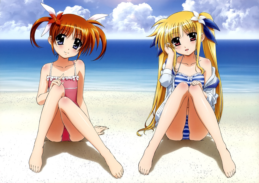absurdres arm_support barefoot beach bikini blonde_hair blue_eyes blush brown_hair casual_one-piece_swimsuit cloud cloudy_sky collarbone day fate_testarossa feet flower frilled_swimsuit frills hair_flower hair_ornament highres long_hair lyrical_nanoha mahou_shoujo_lyrical_nanoha mahou_shoujo_lyrical_nanoha_a's multiple_girls official_art okuda_yasuhiro one-piece_swimsuit open_mouth outdoors pink_swimsuit red_eyes sand scan short_hair sitting sky smile striped striped_bikini striped_swimsuit swimsuit takamachi_nanoha twintails water