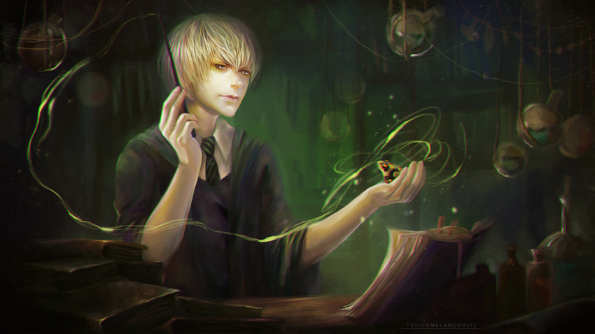 blonde_hair book cloak draco_malfoy felice frog green harry_potter magic male_focus necktie realistic solo wand