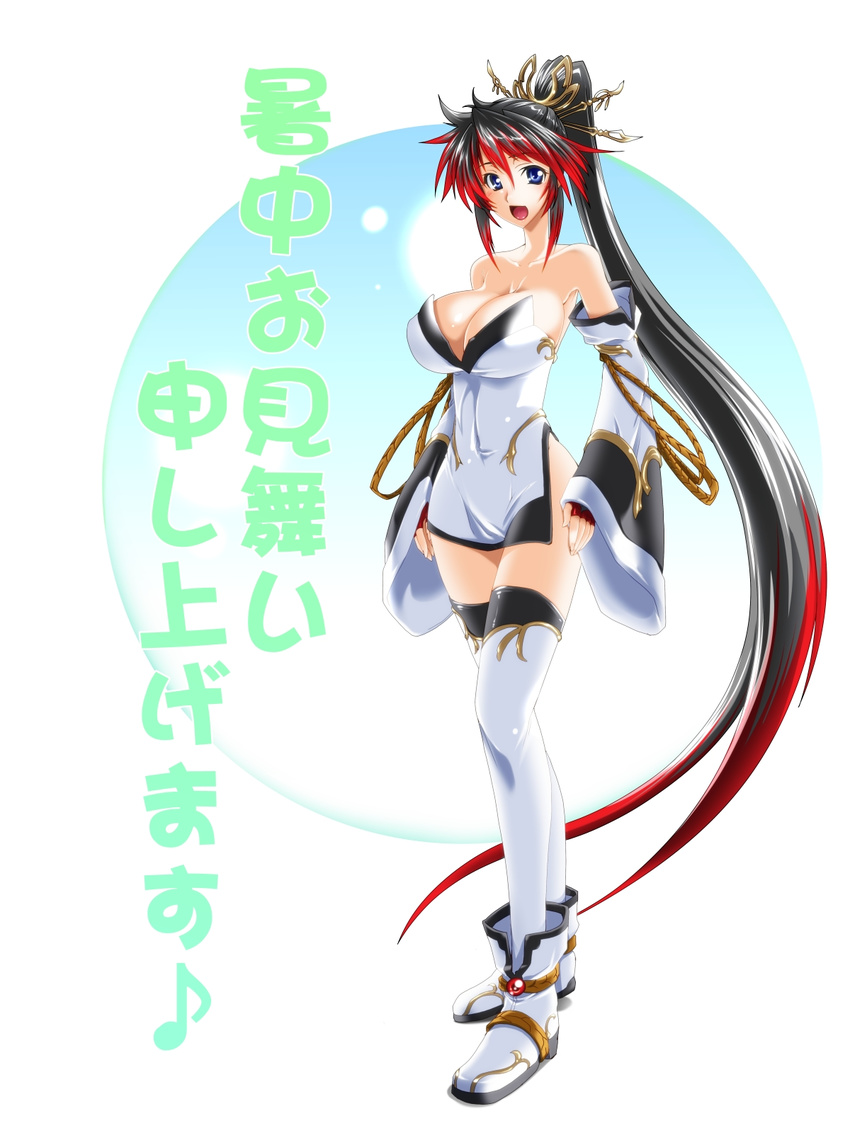 bare_shoulders black_hair blue_eyes breasts cleavage detached_sleeves dress ebido fingerless_gloves gloves highres huge_breasts legs long_hair long_legs multicolored_hair nanbu_kaguya open_mouth ponytail red_hair shoes side_slit solo super_robot_wars super_robot_wars_og_saga_mugen_no_frontier thighhighs thighs two-tone_hair very_long_hair