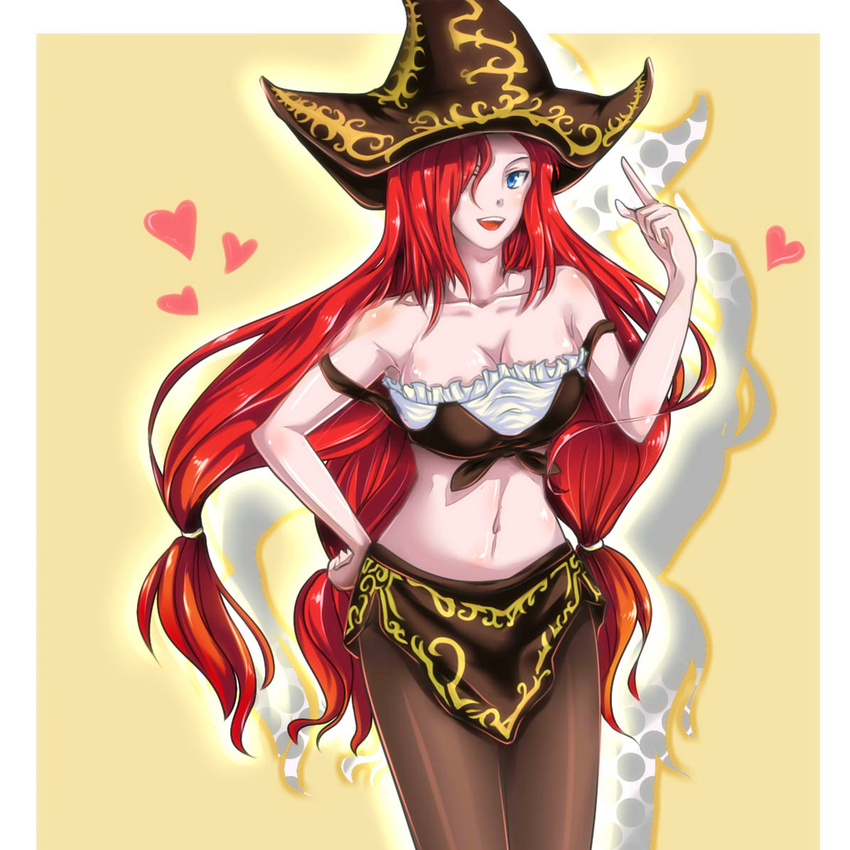 bare_shoulders blue_eyes breasts collarbone hair_over_one_eye hat heart hum_(812618132) index_finger_raised league_of_legends long_hair medium_breasts midriff navel open_mouth red_hair sarah_fortune solo