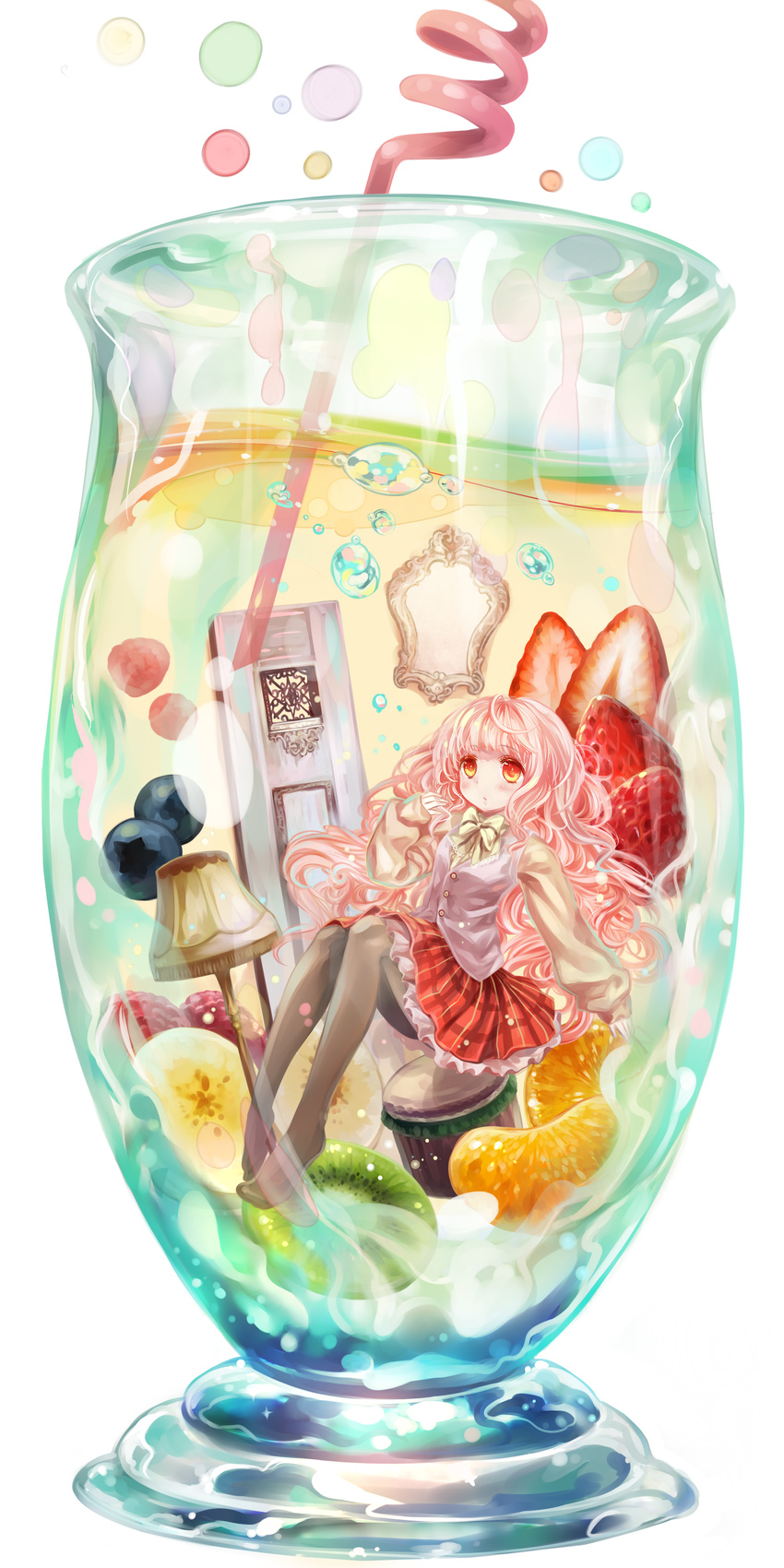 absurdres bad_id bad_pixiv_id black_legwear blueberry blush bubble curly_hair drinking_straw food fruit glass highres kiwifruit lamp long_hair mirror orange orange_slice original pantyhose pink_hair plaid plaid_skirt raspberry red_eyes skirt sleeves_past_wrists solo strawberry torino_akua underwater vest