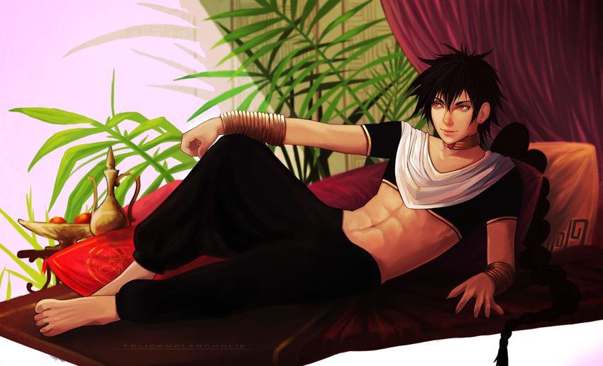 baggy_pants barefoot black_hair bracelet braid felice jewelry judal long_hair magi_the_labyrinth_of_magic male_focus midriff neck_ring pants realistic red_eyes single_braid solo