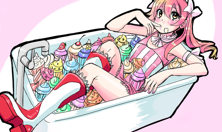 bathtub blush boots borrowed_character bow cream cream_on_face cupcake cupcake-chan dress finger_licking food food_on_face hair_bow highres kekekeke knee_boots licking long_hair original pink_hair solo striped twintails yellow_eyes