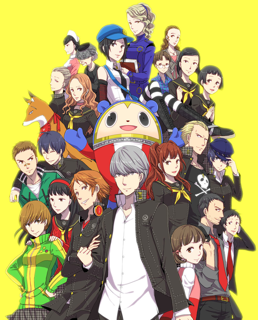 6+girls ^_^ adachi_tooru amagi_yukiko arm_around_neck bad_id bad_pixiv_id bandaid bandaid_on_nose belt black_hair blonde_hair blue_hair brown_eyes brown_hair buttons cabbie_hat closed_eyes doujima_nanako doujima_ryoutarou dress_shirt ebihara_ai elbow_gloves everyone forehead fox glasses gloves grey_eyes grey_hair hairband hanamura_yousuke hands_on_hips hat headphones headphones_around_neck heart highres ichijou_kou jersey jewelry kitsune_(persona_4) konishi_naoki kujikawa_rise kuma_(persona_4) kuroda_hisano long_hair margaret_(persona) marie_(persona_4) matsunaga_ayane minami_eri multiple_boys multiple_girls nagase_daisuke nakajima_shu narukami_yuu neckerchief necklace necktie nurse_cap ozawa_yumi persona persona_4 persona_4_the_golden rihara satonaka_chie scar school_uniform serafuku shirogane_naoto shirt short_hair skirt skull_and_crossbones sleeveless smile tatsumi_kanji twintails uehara_sayoko veil yellow_eyes