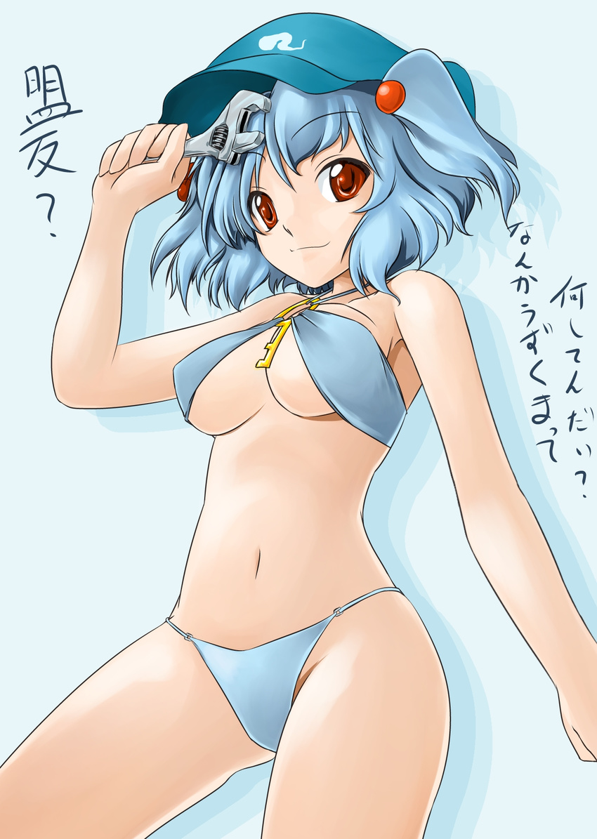 alternate_eye_color aneha bare_shoulders bikini blue_hair breasts brown_eyes cleavage criss-cross_halter hair_bobbles hair_ornament halter_top halterneck hat highres kawashiro_nitori key medium_breasts short_hair simple_background smile solo swimsuit touhou translated two_side_up wrench