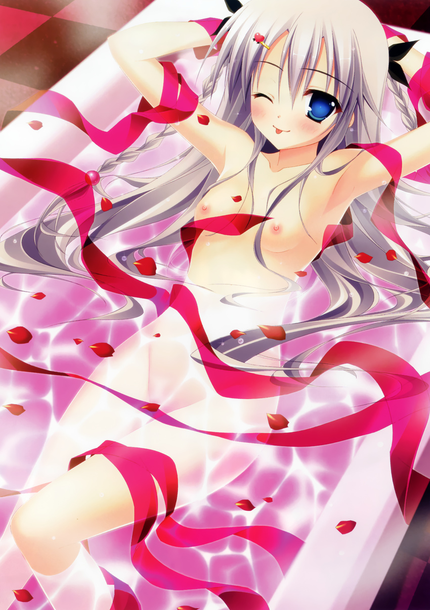 ;) ;p absurdres aoi_yachiho arms_up bath blue_eyes blush braid breasts checkered checkered_floor highres inagaki_miiko koi_imo_sweet_days long_hair looking_at_viewer nude one_eye_closed petals petals_on_liquid ribbon rose_petals scan silver_hair simple_background small_breasts smile solo tongue tongue_out twin_braids water