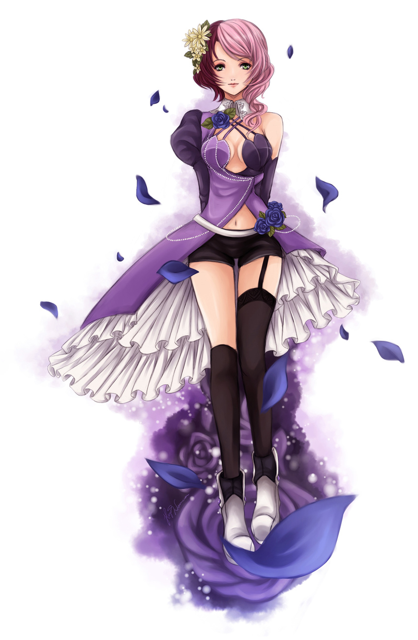 1girl alisa_boskonovich android boots breasts elbow_gloves flower garter_belt gloves hair_flower hair_ornament hayashinomura highres legs multicolored_hair namco pink_hair robot short_hair skirt tekken tekken_6 tekken_blood_vengeance