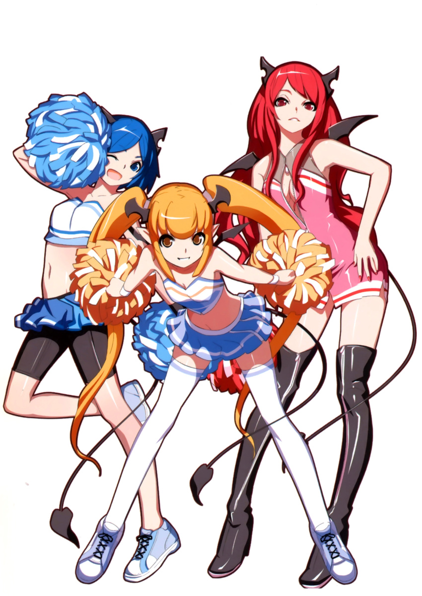 ;d absurdres bare_shoulders bent_over bike_shorts black_legwear blonde_hair blue_eyes blue_hair boots breasts center_opening cheerleader cleavage demon_tail demon_wings grin hand_on_hip highres horns long_hair medium_breasts midriff multiple_girls navel one_eye_closed open_mouth original pom_poms red_eyes red_hair scan shoes short_hair smile sneakers tail thigh_boots thighhighs twintails very_long_hair vofan white_legwear wings yellow_eyes