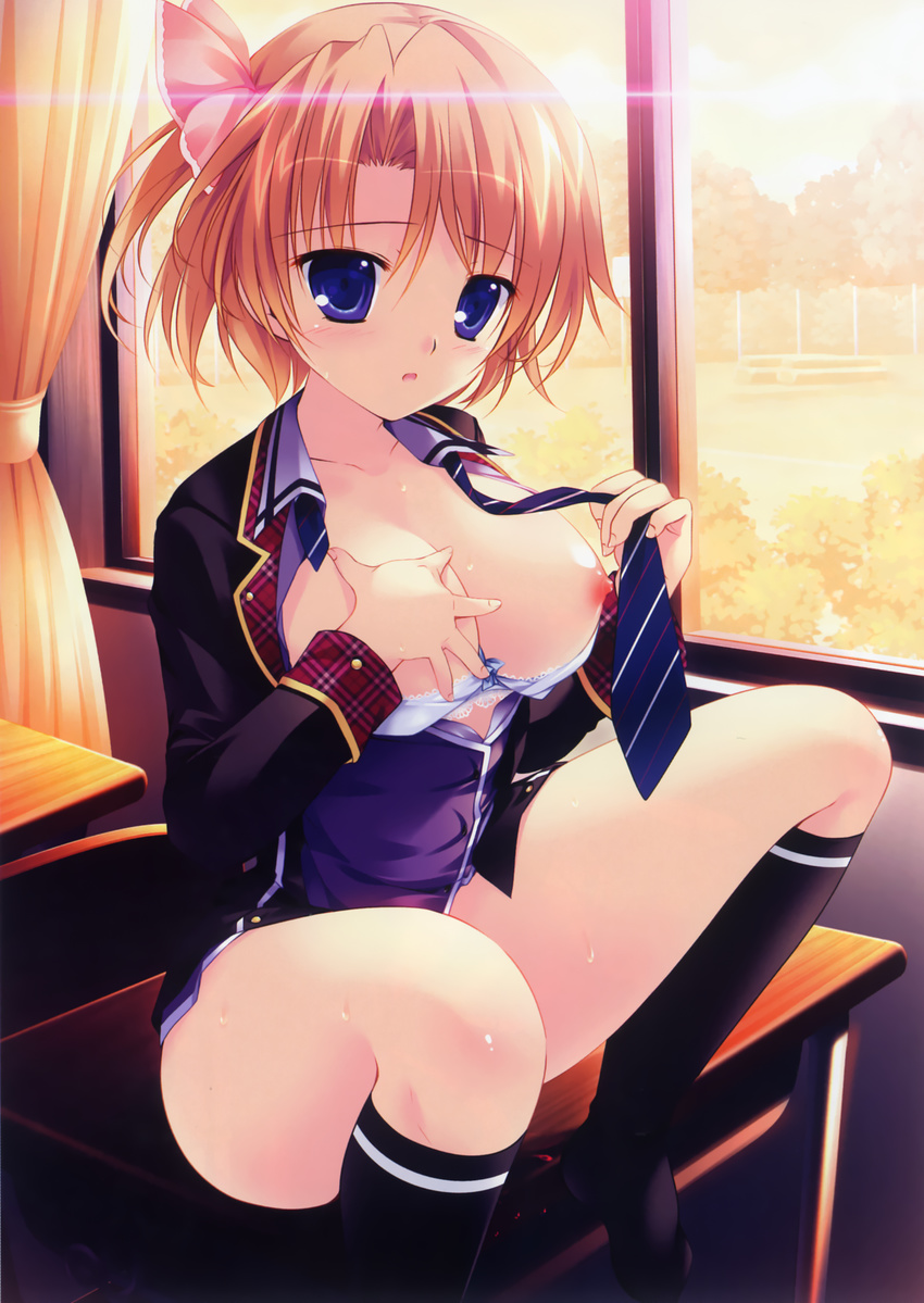:o absurdres blue_eyes blush bra bra_pull breast_hold breasts curtains highres koi_imo_sweet_days large_breasts mikeou nipples open_clothes orange_hair scan sitting solo sunlight underwear undone_necktie window yamamiya_ena