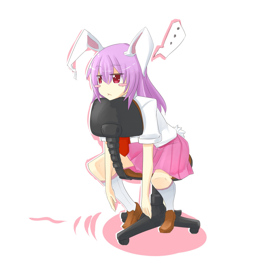 1girl animal_ears blush_stickers bunny_ears bunny_tail chair highres jitome moeroknight necktie office_chair pleated_skirt purple_hair reisen_udongein_inaba simple_background sitting sitting_backwards skirt solo tail touhou