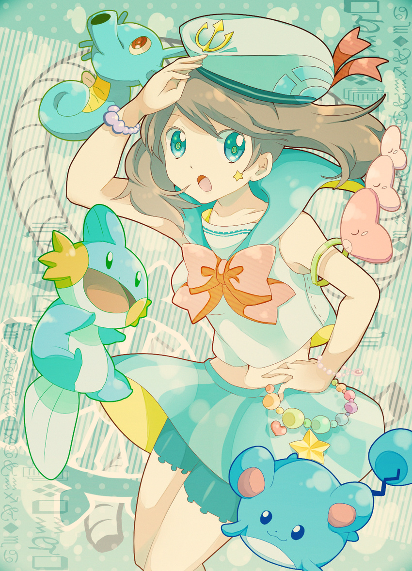 alternate_costume arm_up blue_eyes bow bowtie brown_hair gen_1_pokemon gen_2_pokemon gen_3_pokemon haruka_(pokemon) hat highres horsea jewelry looking_at_viewer luvdisc marill midriff mudkip nago_celica necklace pokemon pokemon_(creature) pokemon_(game) pokemon_rse sailor_hat salute skirt wristband