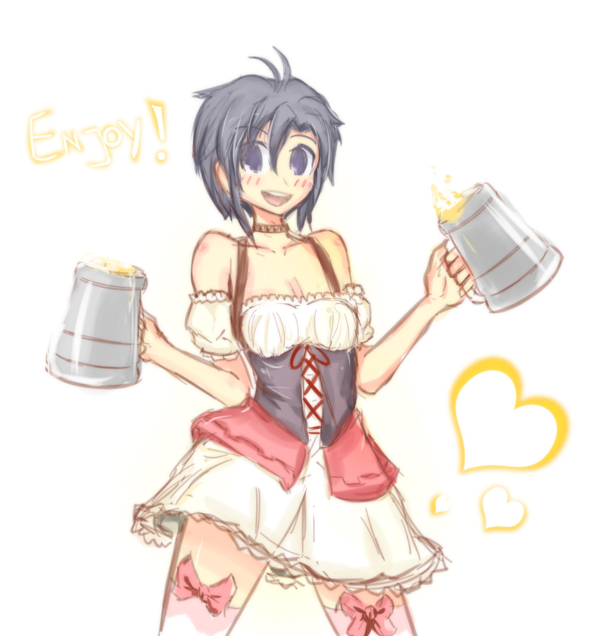 alcohol antenna_hair bare_shoulders beer beer_mug black_eyes black_hair blush breasts choker cleavage cup dirndl drawfag german_clothes heart highres holding holding_cup idolmaster idolmaster_(classic) kikuchi_makoto medium_breasts oktoberfest open_mouth pink_legwear solo thighhighs underbust