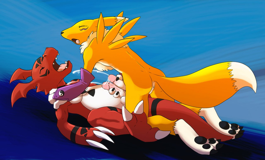 canine cum cumshot digimon dragon eyes_closed fox gay guilmon male masturbation missionary_position open_mouth orgasm penis renamon simple_background unknown_artist