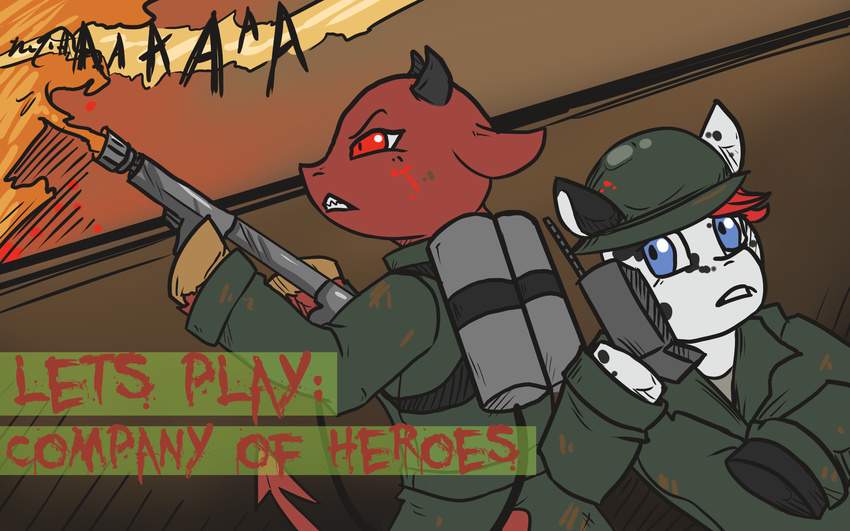 blood blue_eyes cellphone company_of_heroes duo english_text equine female fire flamethrower flux helmet horn horse lucy male mammal mud my_little_pony parody phone radio ranged_weapon red_eyes text war weapon