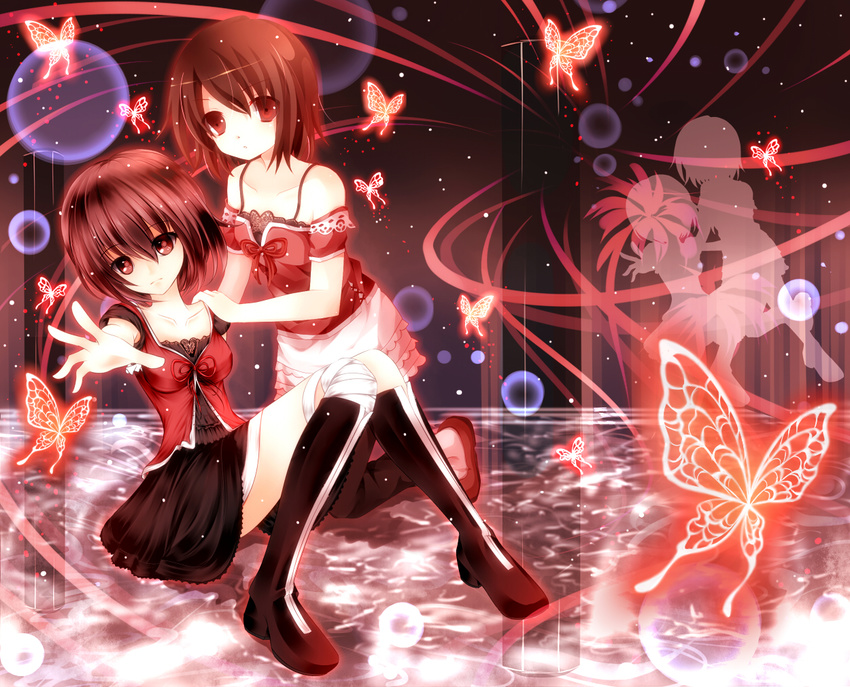 amakura_mayu amakura_mio bandages bare_shoulders blouse boots brown_hair bug butterfly fatal_frame insect knee_boots loafers mogu_(au1127) multiple_girls red_eyes shoes short_hair siblings sisters skirt