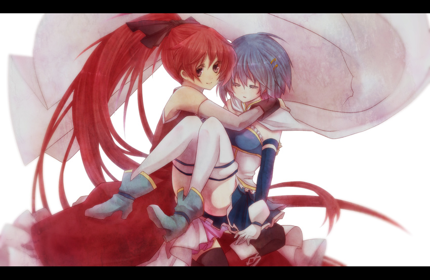 bare_shoulders black_legwear blue_hair boots cape closed_eyes frills hair_ornament hair_ribbon hairclip ice_(aitsugai) letterboxed long_hair magical_girl mahou_shoujo_madoka_magica miki_sayaka multiple_girls pleated_skirt ponytail red_eyes red_hair ribbon sakura_kyouko short_hair skirt thighhighs white_legwear