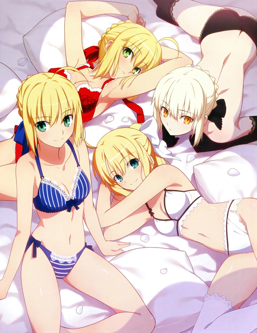 absurdres ahoge alternate_costume alternate_hairstyle arm_support armpits arms_up artoria_pendragon_(all) ass bed black_gloves black_legwear black_panties blue_bra blue_panties bra breasts cleavage elbow_gloves fate/extra fate/stay_night fate/unlimited_codes fate/zero fate_(series) gloves green_eyes hair_bun hair_ribbon highres lace lace-trimmed_panties lace-trimmed_thighhighs lingerie looking_at_viewer lying medium_breasts multiple_girls navel nero_claudius_(fate) nero_claudius_(fate)_(all) odd_one_out official_art on_side on_stomach panties petals pillow ponytail red_bra ribbon saber saber_alter saber_lily scan sitting smile takeuchi_takashi thighhighs topless underwear underwear_only white_bra white_legwear white_panties yellow_eyes