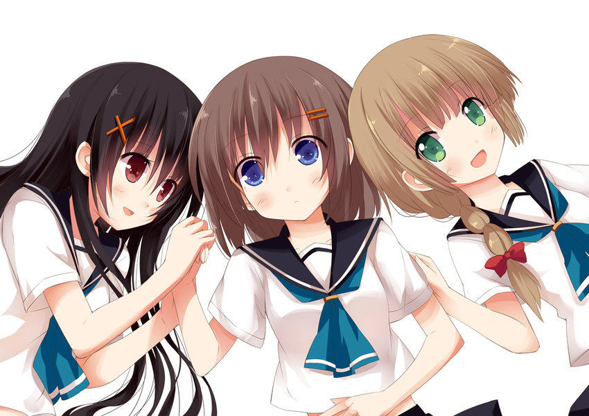 :d bad_id bad_pixiv_id black_hair blue_eyes braid brown_hair green_eyes hair_ornament hair_over_shoulder hairclip holding_hands liong long_hair lying multiple_girls on_back on_side open_mouth original red_eyes school_uniform short_hair simple_background single_braid smile white_background x_hair_ornament