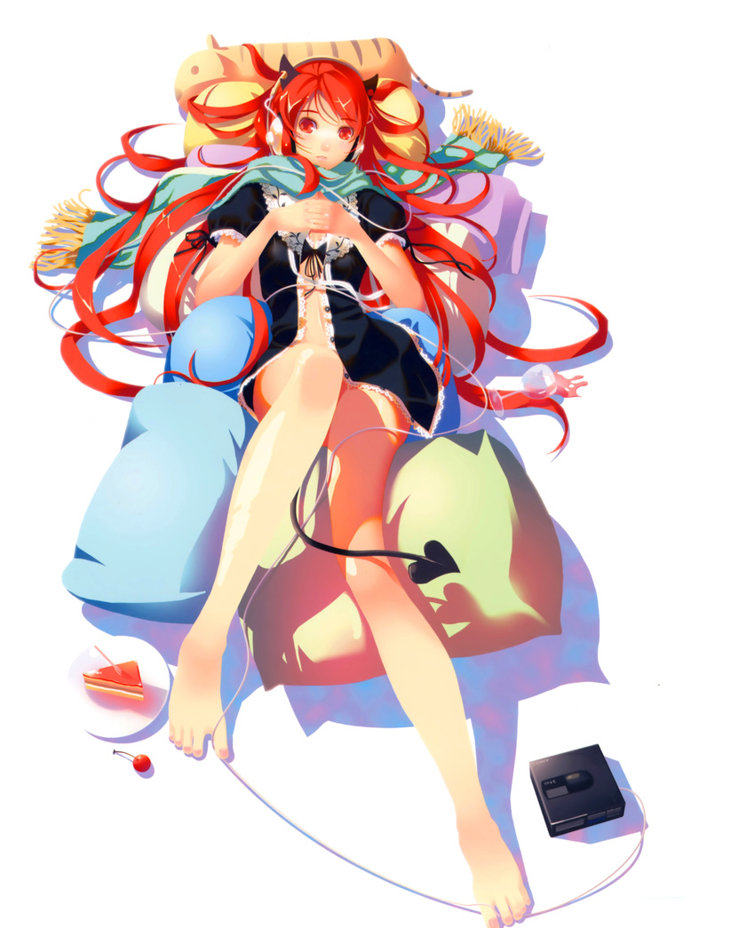 absurdres aqua_scarf bare_legs barefoot black_bra black_panties bra cake cherry demon_tail feet food front-tie_top fruit headphones highres horns long_hair looking_at_viewer lying on_back open_clothes open_shirt original panties red_eyes red_hair scan scarf shirt solo tail toes underwear vofan