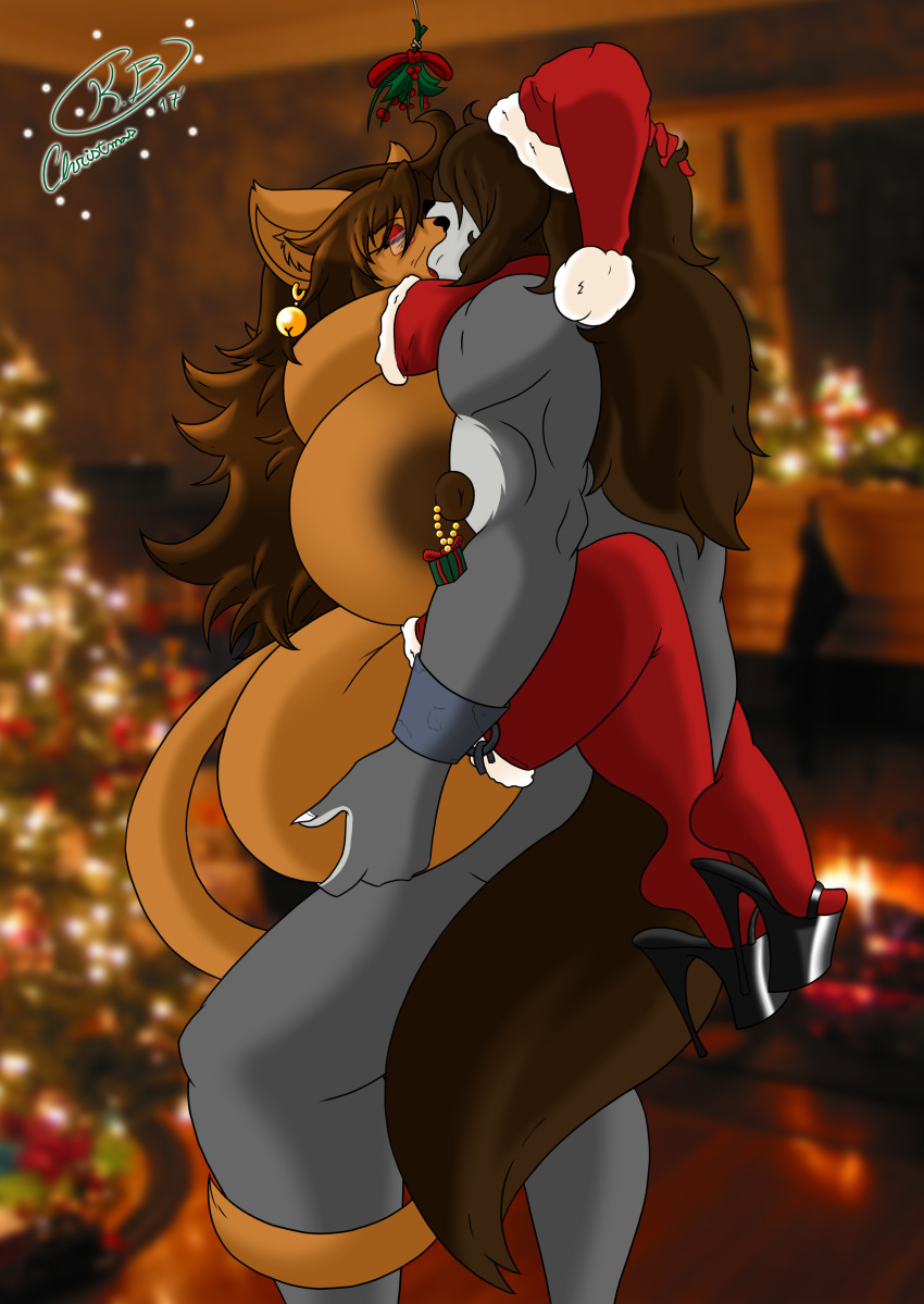 2017 age_difference big_breasts breasts canine cat christmas clothing digital_media_(artwork) duo feline female footwear high_heels holidays huge_breasts krocialblack legwear male mammal mature_female mature_woman natalie_clarkson_(krocialblack) nipples platform_footwear platform_heels sex shoes stockings thick_thighs thigh_highs wolf