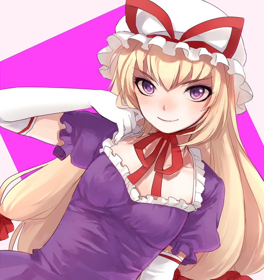 74_(teduka) blonde_hair bow breasts dress elbow_gloves gloves hair_bow hat hat_ribbon highres long_hair medium_breasts purple_eyes ribbon smile solo touhou white_gloves yakumo_yukari