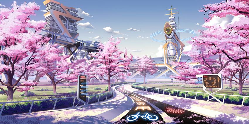 cherry_blossoms cloud culture_japan day directional_arrow grass highres no_humans original pinakes road scenery sky spring_(season) tree