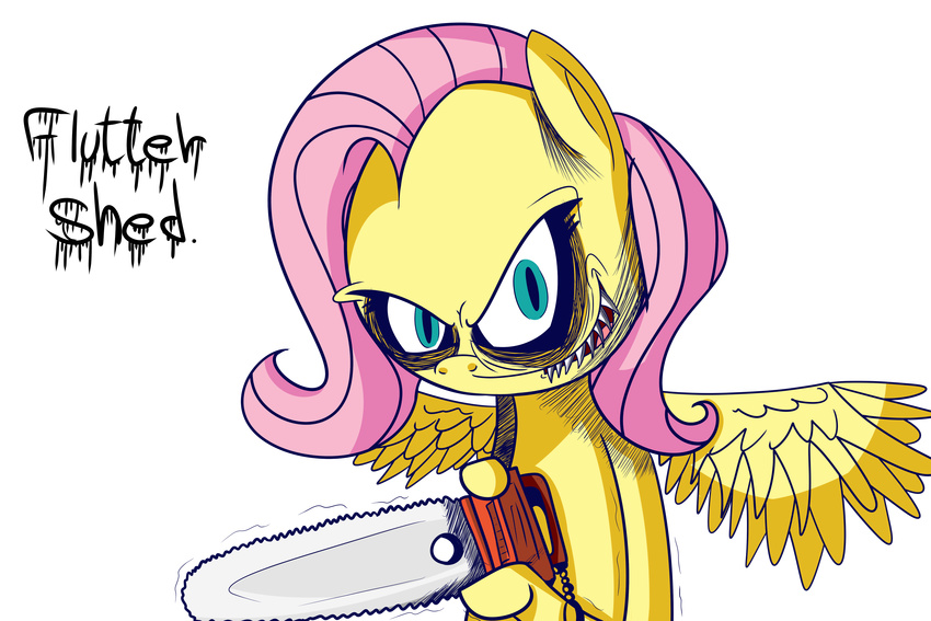 2012 absurd_res alpha_channel blue_eyes chainsaw english_text equine extradan female fluttershy_(mlp) friendship_is_magic fur hair hi_res looking_at_viewer mammal my_little_pony pegasus pink_hair plain_background smile solo text transparent_background wings yellow_fur